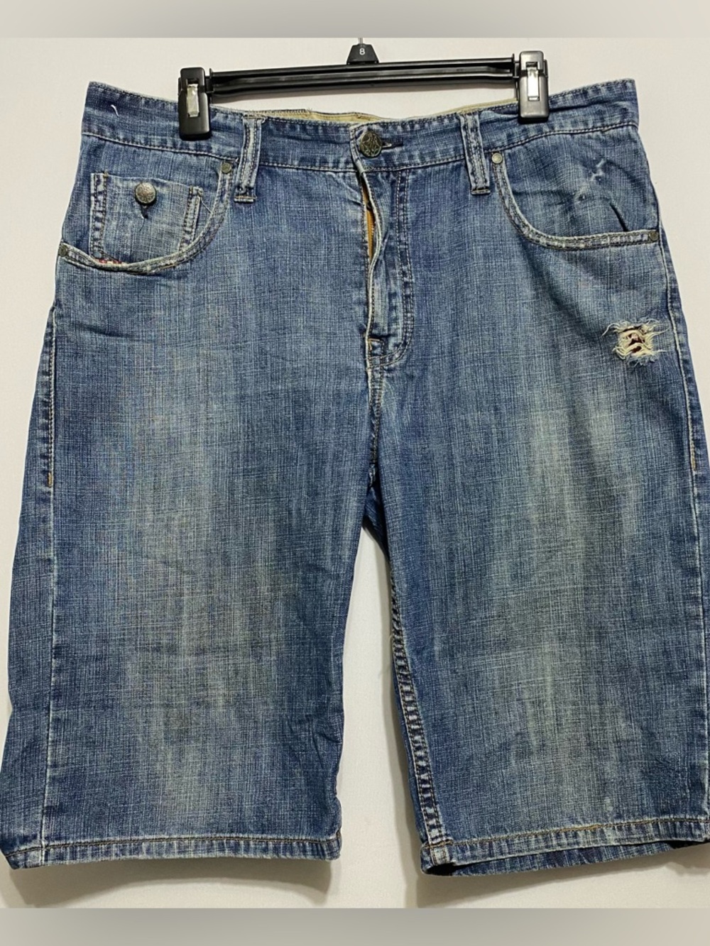 Y2K Iron Shorts Mens 34 Blue Denim Relaxed Fit Bermuda Distressed Hip Hop Jorts
